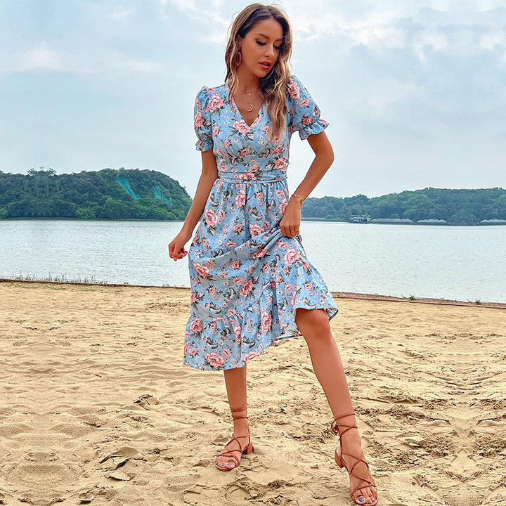 Damen florales Midikleid mit Rüschendetails und Taillierung Drune