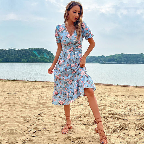 Damen florales Midikleid mit Rüschendetails und Taillierung Drune