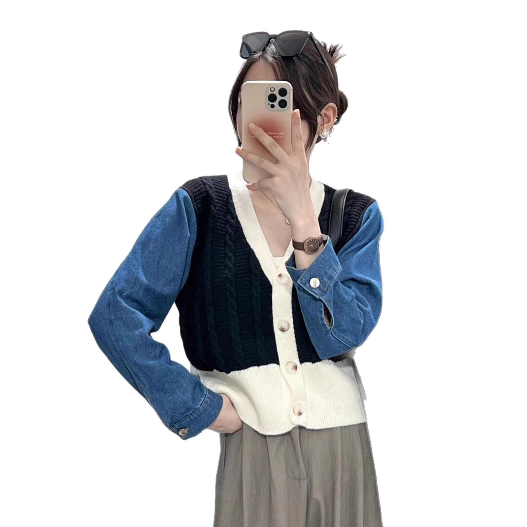 Damen Modischer Strickcardigan mit Denim-Ärmeln Drune