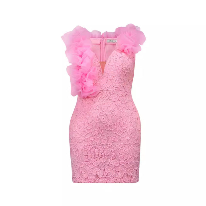 Damen Minimal Kleid mit luxuriöser Spitzenstickerei und Rüschen Drune