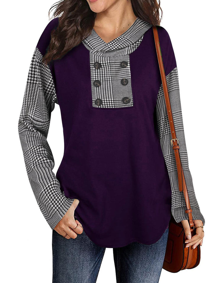Damen Modische Sweatshirt mit Karomuster und Knopfleiste Drune