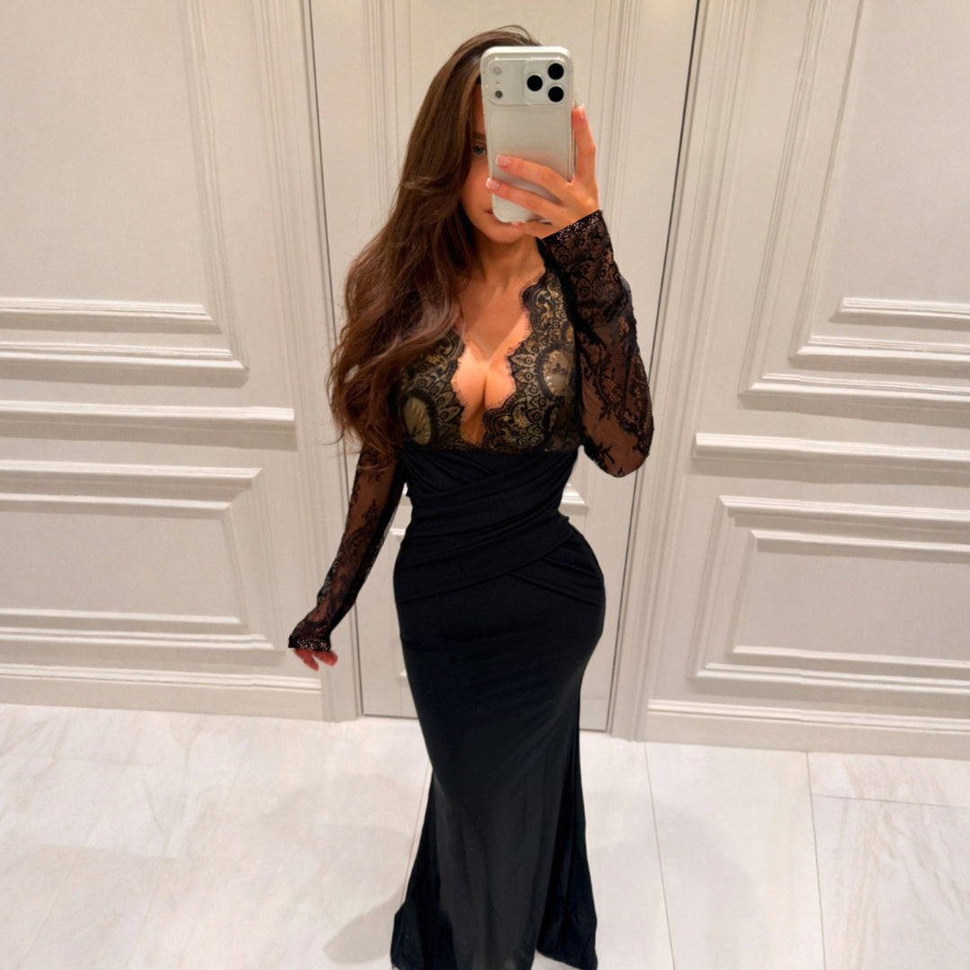 Damen elegantes Abendkleid mit Spitzeneinsätzen und raffiniertem Wickeldesign Drune