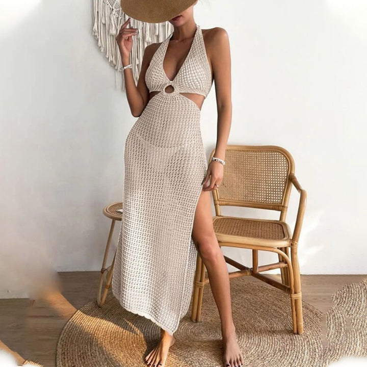 Damen elegantes Häkelkleid mit tiefem Ausschnitt Drune