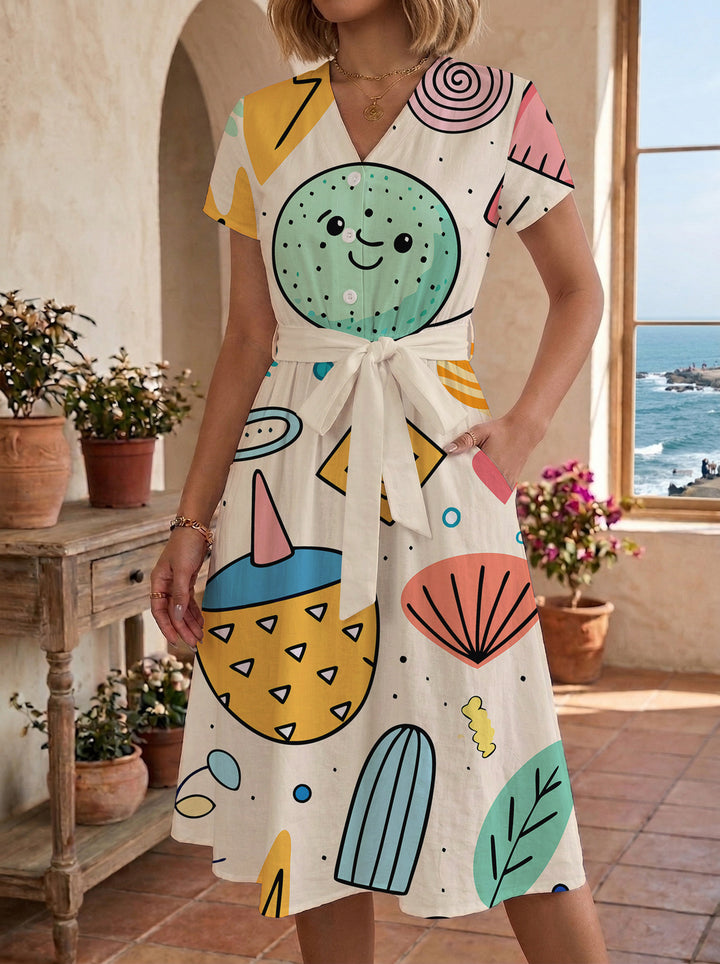 Damen Midikleid mit farbenfrohem Blumendesign und taillierbarem Bindegürtel Drune