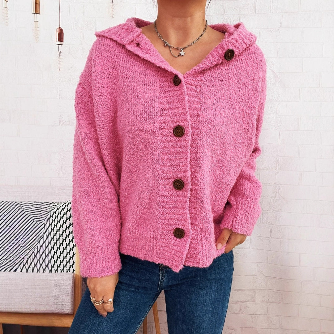 Damen Kuschelige Strickjacke mit Kapuze und Knopfdetails Drune