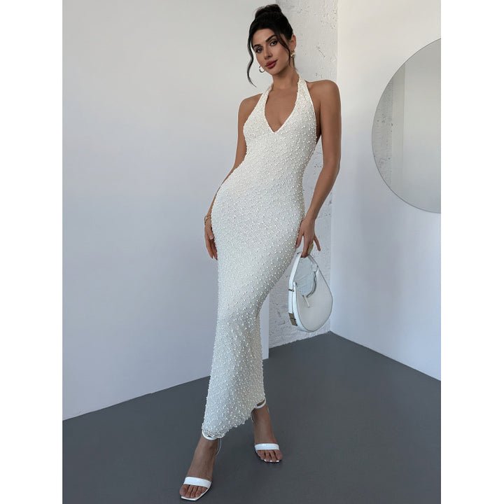Damen Glamouröses Abendkleid mit hochgeschlossenem Design und funkelnden Perlendetails Drune
