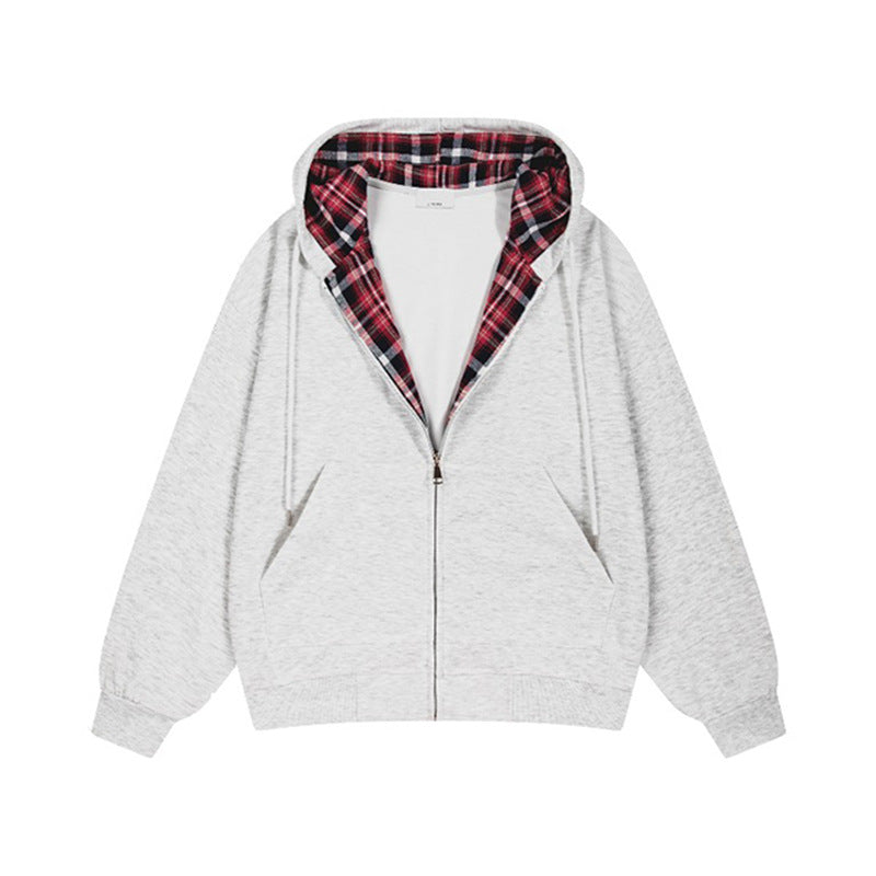 Damen lässige Kapuzenjacke mit Karo-Innenfutter und durchgehendem Reißverschluss Drune