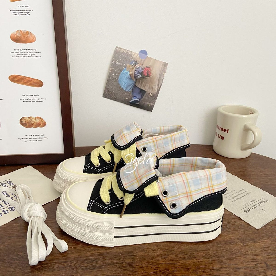 Damen Plateau Sneakers mit modischem Karomuster und elastischen Schnürsenkeln Drune