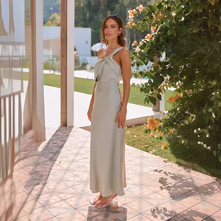 Damen Elegantes Langes Kleid mit asymmetrischem Träger und stilvollem Drapierungsdetail Drune