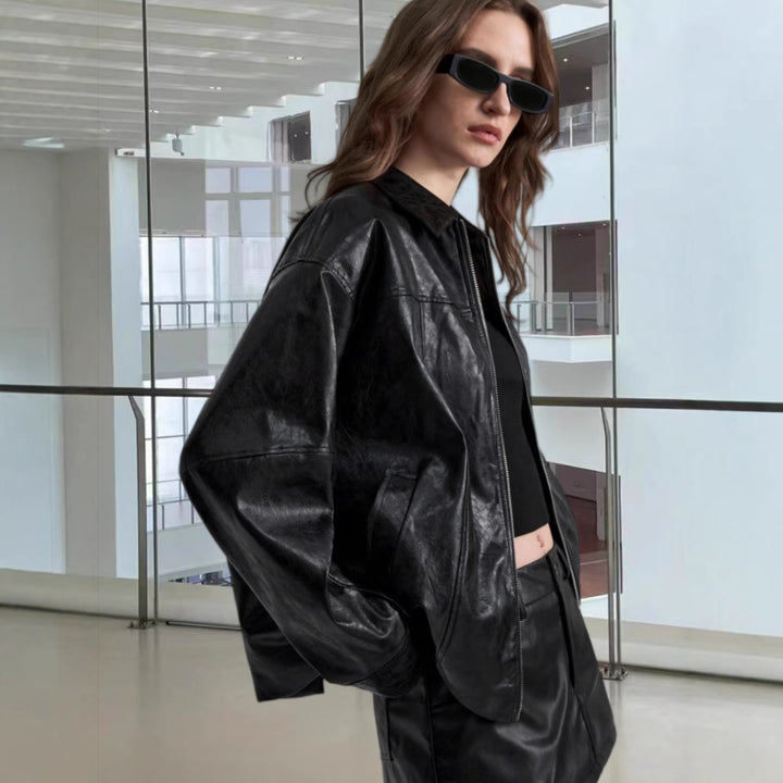 Damen Kunstlederjacke im angesagten Biker-Stil mit asymmetrischem Reißverschluss Drune