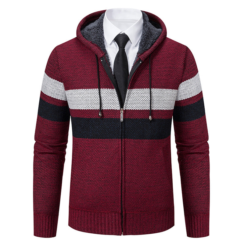 Herren nan gefütterte Kapuzen-Strickjacke mit Teddyfutter, durchgehendem Reißverschluss und kontrastierenden Streifen Drune