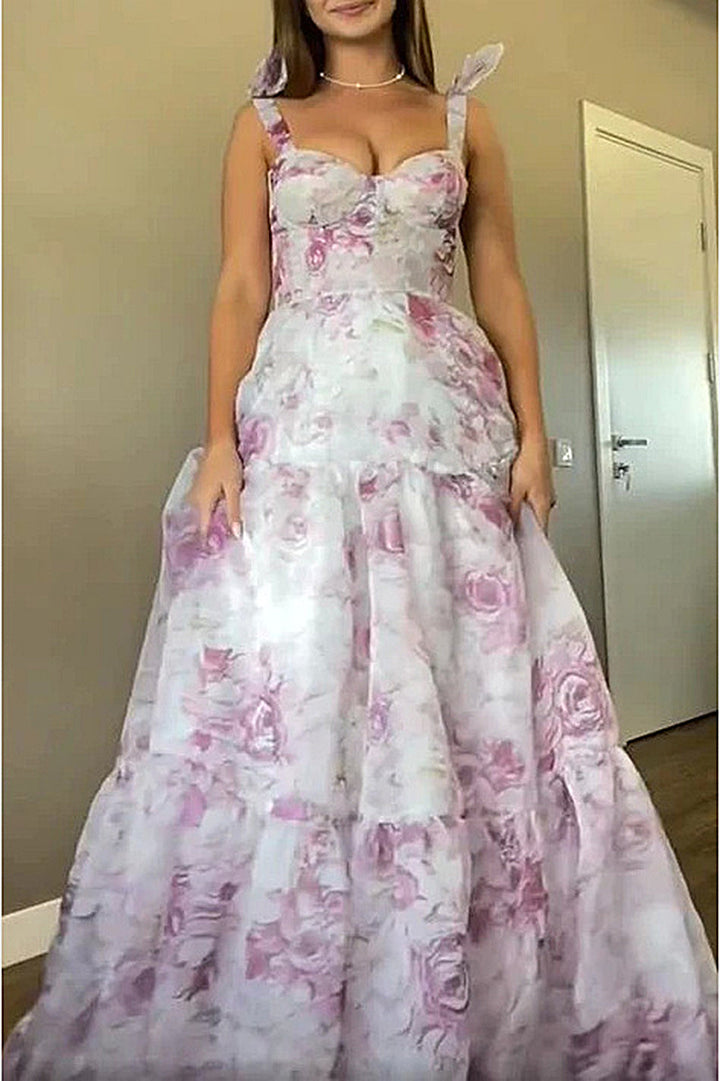 Damen Elegantes Maxikleid mit floralen Details und Rüschenträgern Drune