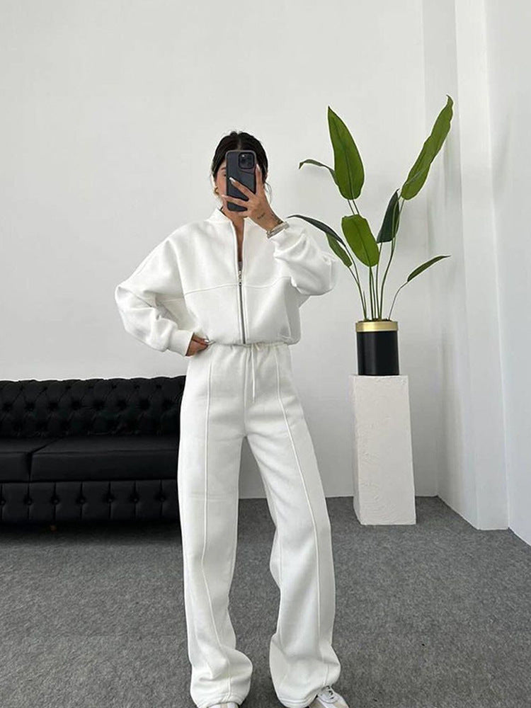 Damen nan Oversize Reißverschlussjacke mit weiter High-Waist Loungehose Set Drune
