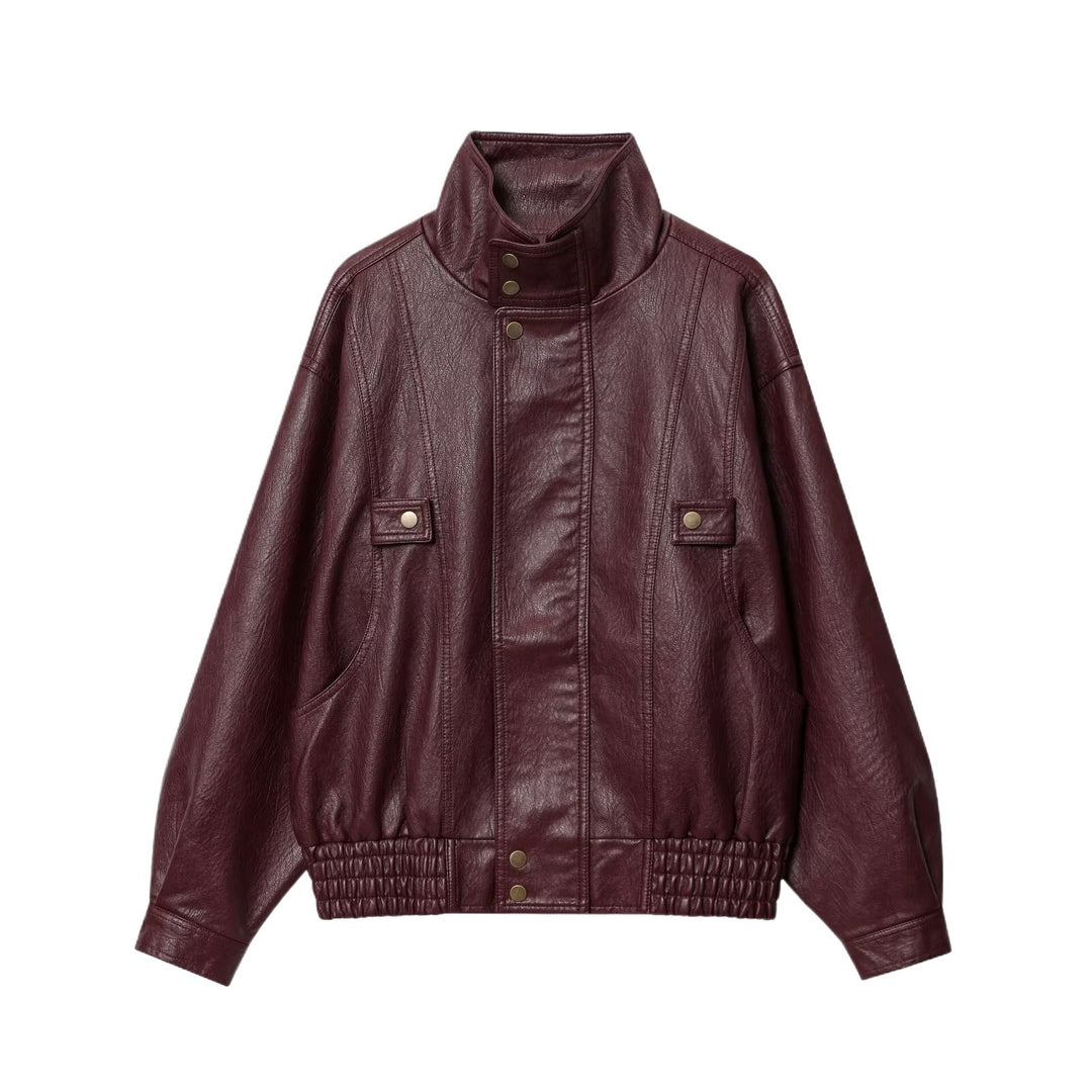 Damen modische Kunstlederjacke mit hohen Kragen und praktischen Knopfdetails Drune