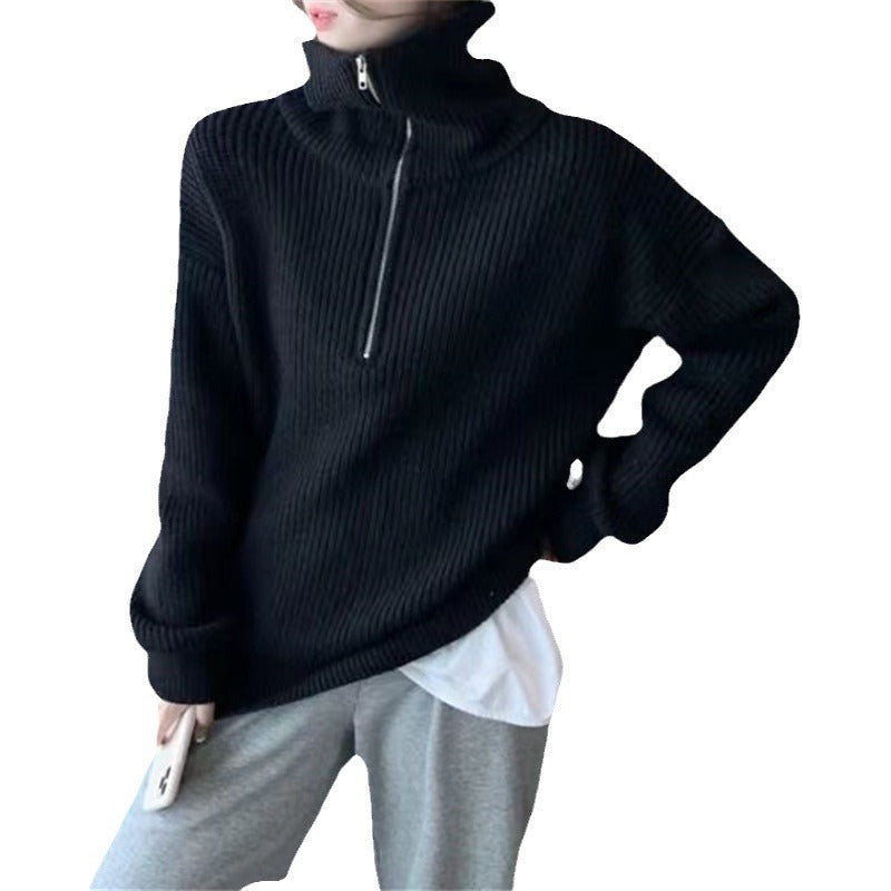 Damen Strickpullover mit hohem Kragen und halbem Reißverschluss Drune