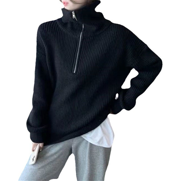 Damen Strickpullover mit hohem Kragen und halbem Reißverschluss Drune