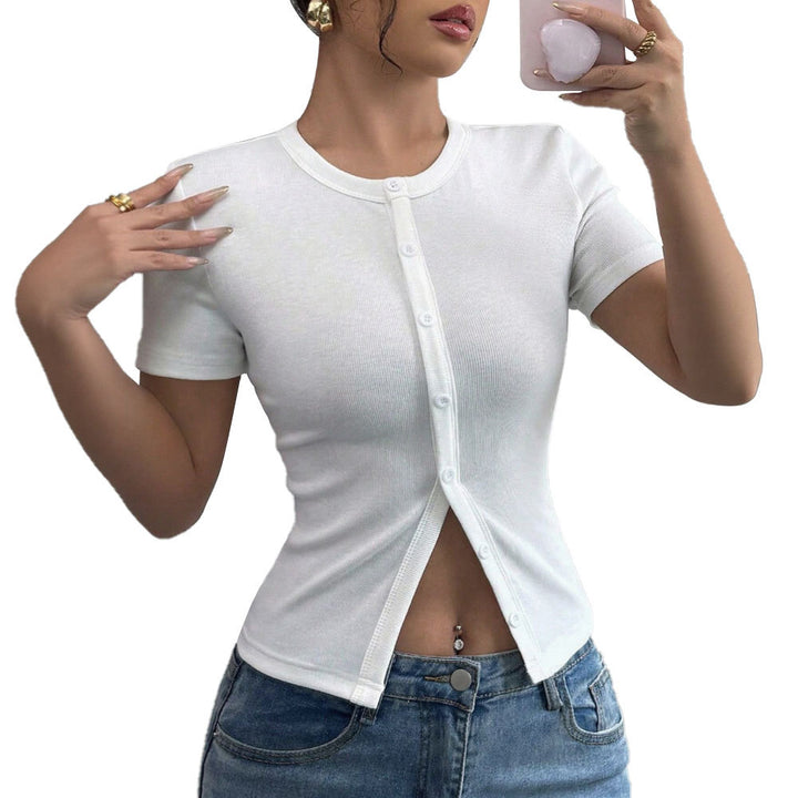 Damen Kurzarmshirt mit Knopfdetails und figurnaher Passform Drune