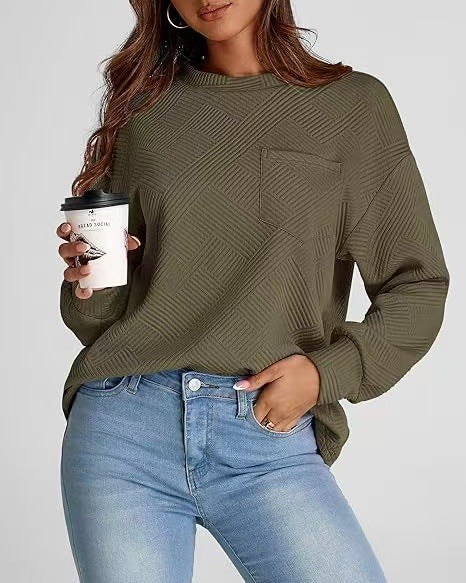Damen lässiger Sweatshirt mit strukturiertem Design und aufgesetzter Brusttasche Drune