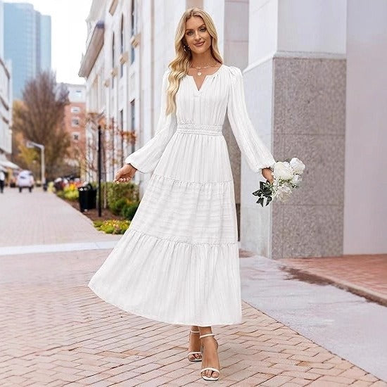 Damen Maxikleid mit eleganten Puffärmeln und gesmoktem Taillenbereich Drune