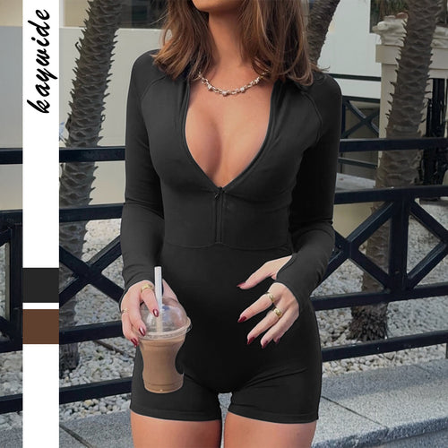 Damen nan figurbetonter Zip-Body mit tiefem V-Ausschnitt, Raglanärmeln, Daumenloch und High-Waist-Shortschnitt Drune