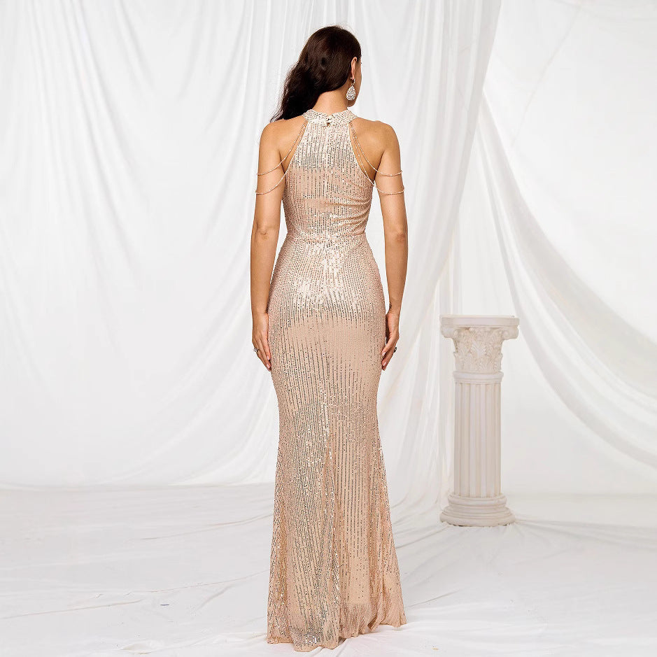 Damen Glamouröses Langarm-Abendkleid mit senkrechtem Paillettenverlauf und hohem Kragen Drune