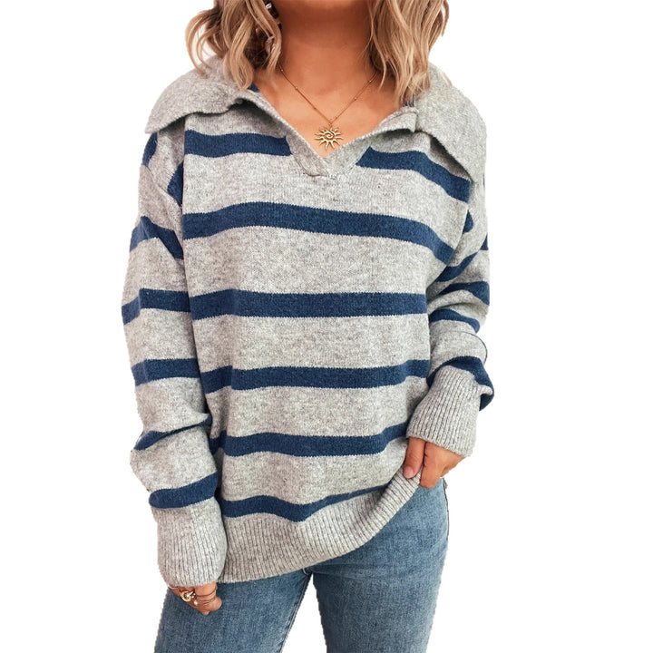 Damen lässiger Strickpullover mit V-Ausschnitt und modernem Streifenmuster Drune