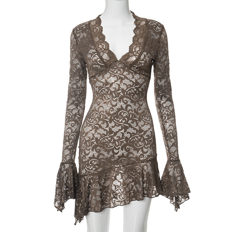 Damen Spitzenkleid mit raffinierten Ärmeln und elegantem V-Ausschnitt Drune