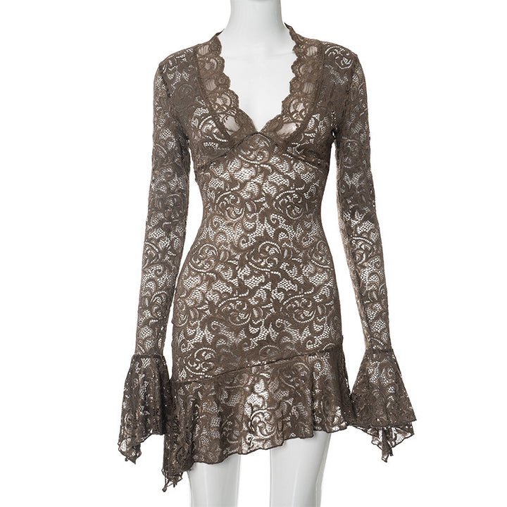 Damen Spitzenkleid mit raffinierten Ärmeln und elegantem V-Ausschnitt Drune
