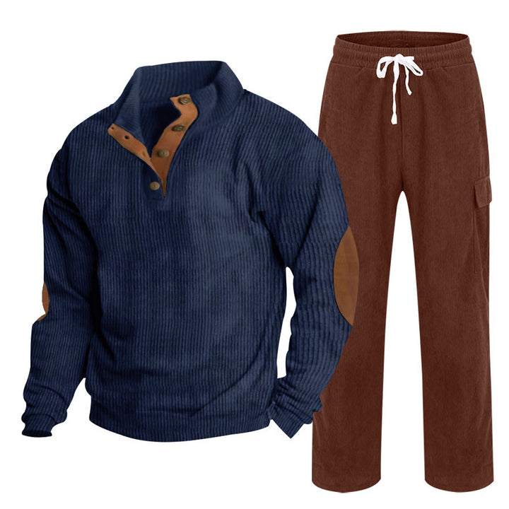 Herren nan Strick-Freizeitset mit Knopfleiste und Ellenbogenaufnähern sowie Cord-Cargohose Drune