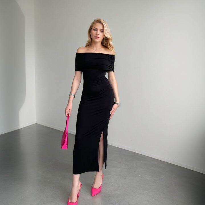 Damen Maxikleid mit schulterfreiem Schnitt und stilvollem Schlitz Drune