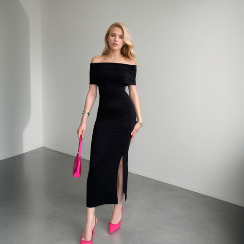 Damen Maxikleid mit schulterfreiem Schnitt und stilvollem Schlitz Drune