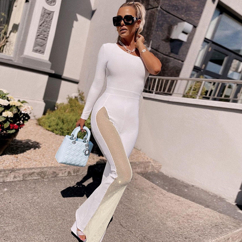 Damen edler Sport-Jumpsuit mit asymmetrischem Schnitt und Mesh-Einsätzen Drune