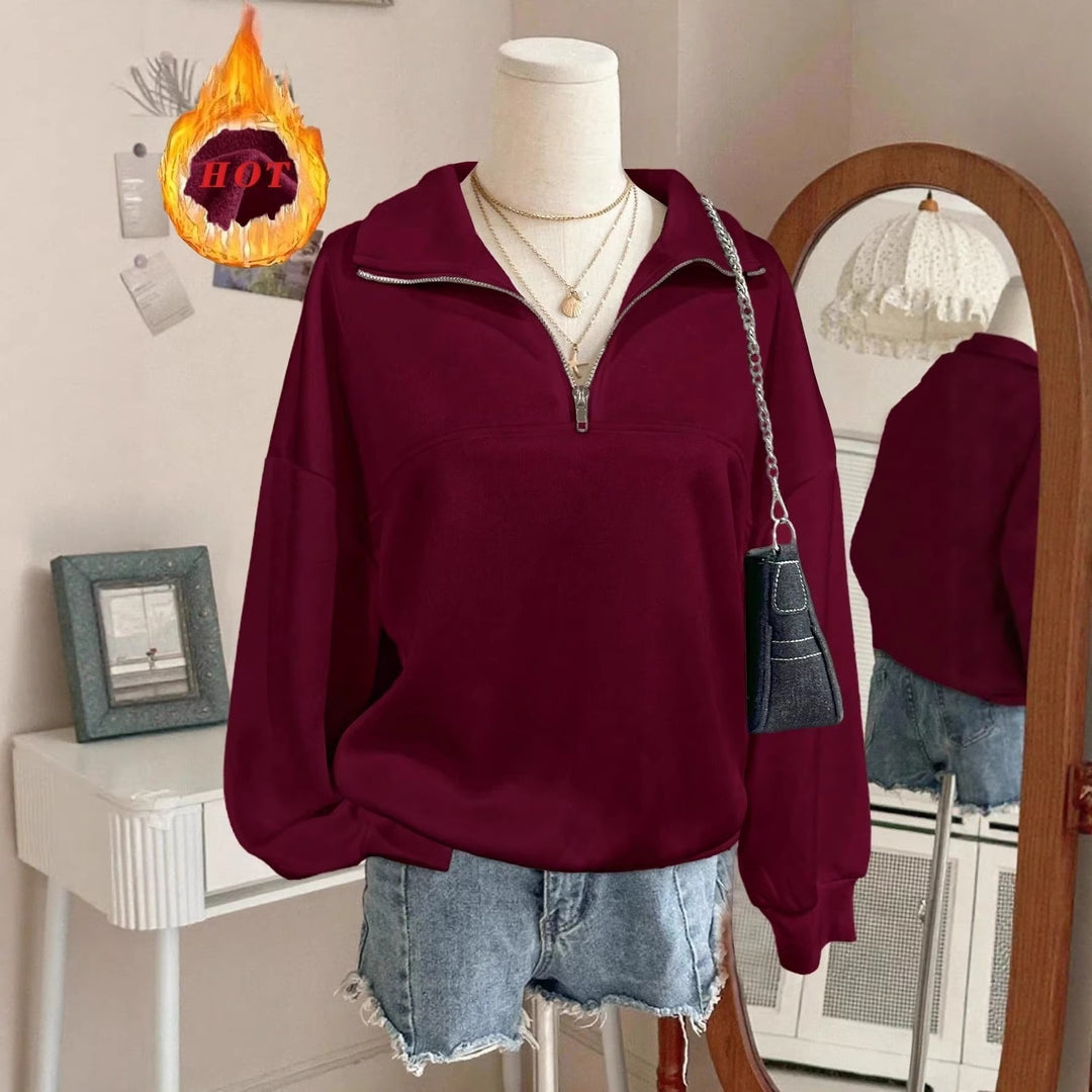 Damen nan Oversize Sweatshirt mit halbem Reißverschluss, Stehkragen und Ballonärmeln Drune