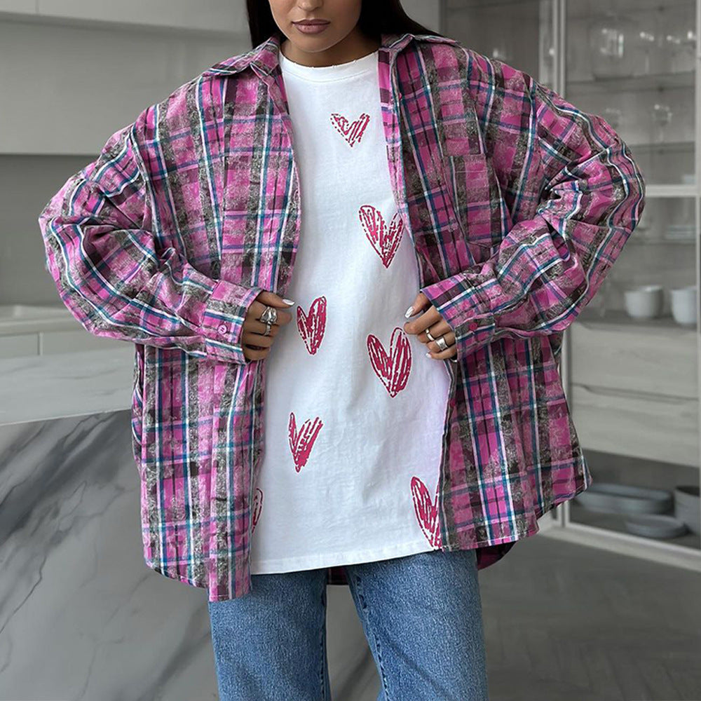 Damen lässige Karo-Hemdjacke im Oversized-Schnitt Drune