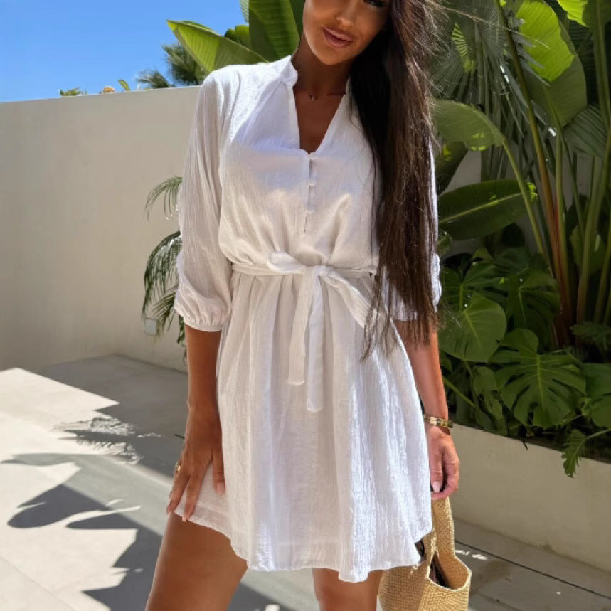 Damen Hemdblusenkleid mit taillierbarem Gürtel und verspielten Puffärmeln Drune