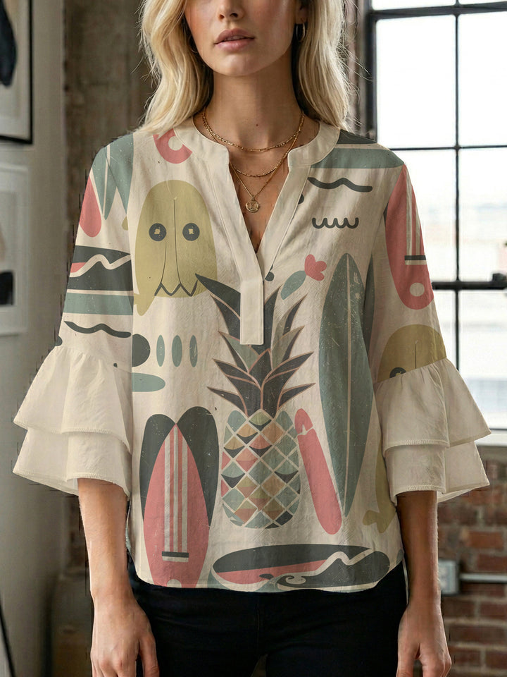 Damen Bluse mit voluminösen Rüschenärmeln und floralem Druck Drune