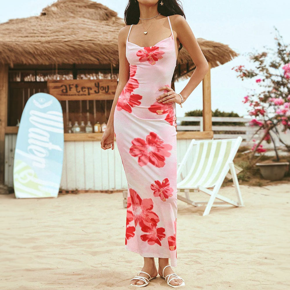 Damen Maxikleid mit floralem Design und verstellbaren Spaghettiträgern Drune