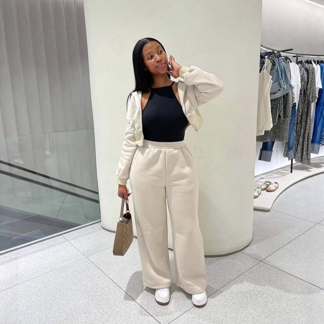 Damen lässiges Sweat-Set mit cropped Jacke und weiter Hose Drune