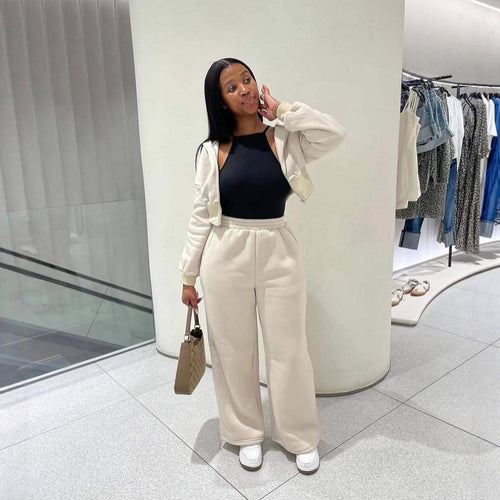 Damen lässiges Sweat-Set mit cropped Jacke und weiter Hose Drune