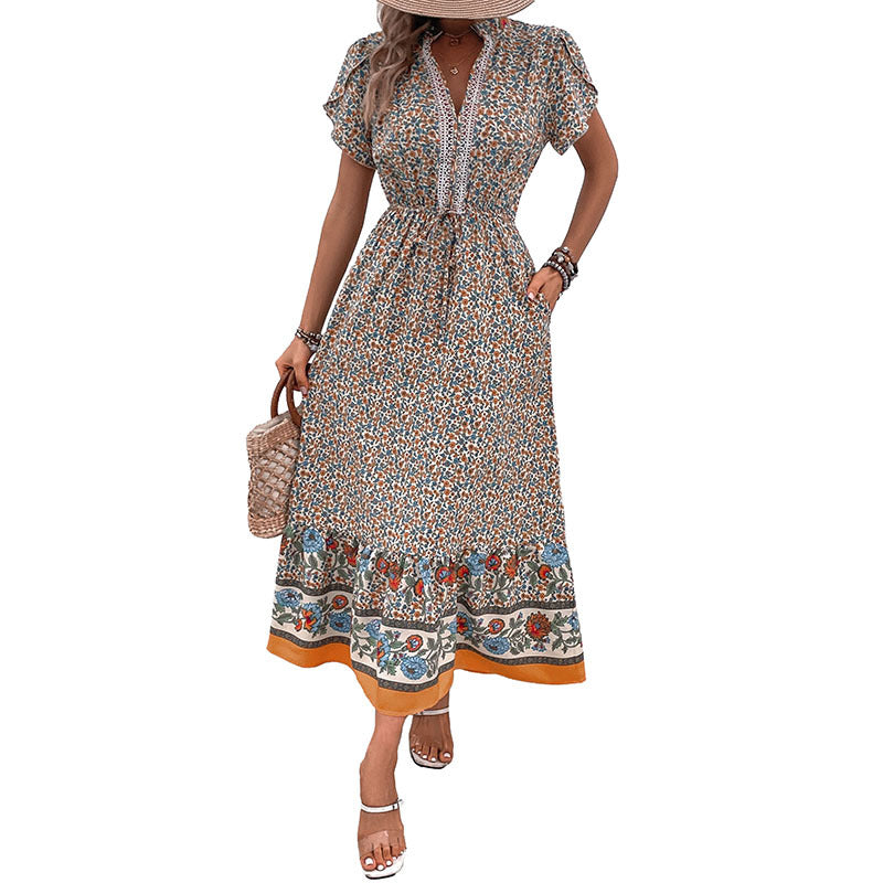 Damen Maxikleid mit floralen Einsätzen und eleganten Rüschendetails Drune