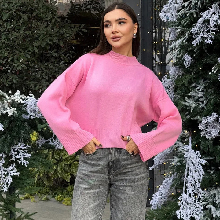 Damen kuscheliger Strickpullover mit modernem Rundhalsausschnitt und weiten Ärmeln Drune