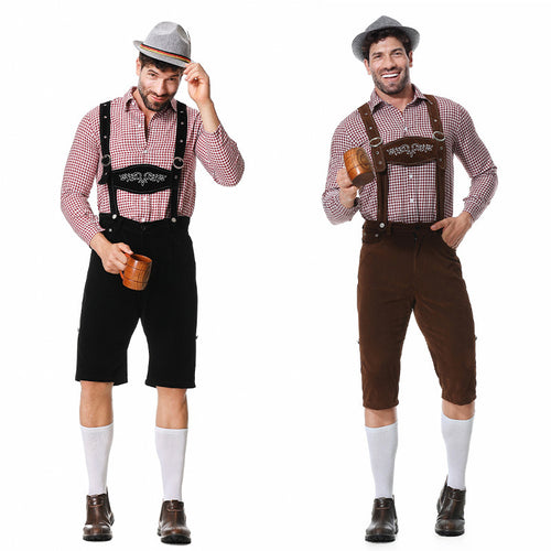 Herren nan kurze Trachtenlederhose in Veloursleder-Optik mit besticktem Brustlatz und verstellbaren Trägern Drune