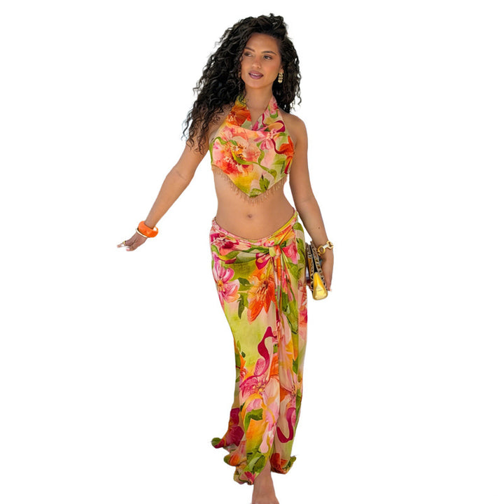 Damen florales Wickelkleid mit glamourösen Fransen und tiefem V-Ausschnitt Drune