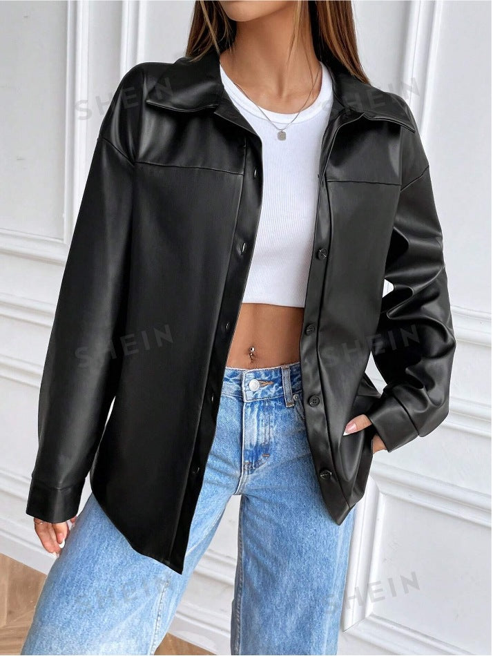 Damen modische Kunstlederjacke im schicken Oversized-Stil Drune
