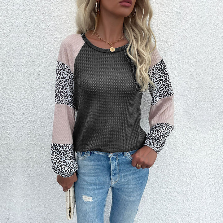 Damen modisches Oberteil mit tierischem Druck und eleganten Puffärmeln Drune