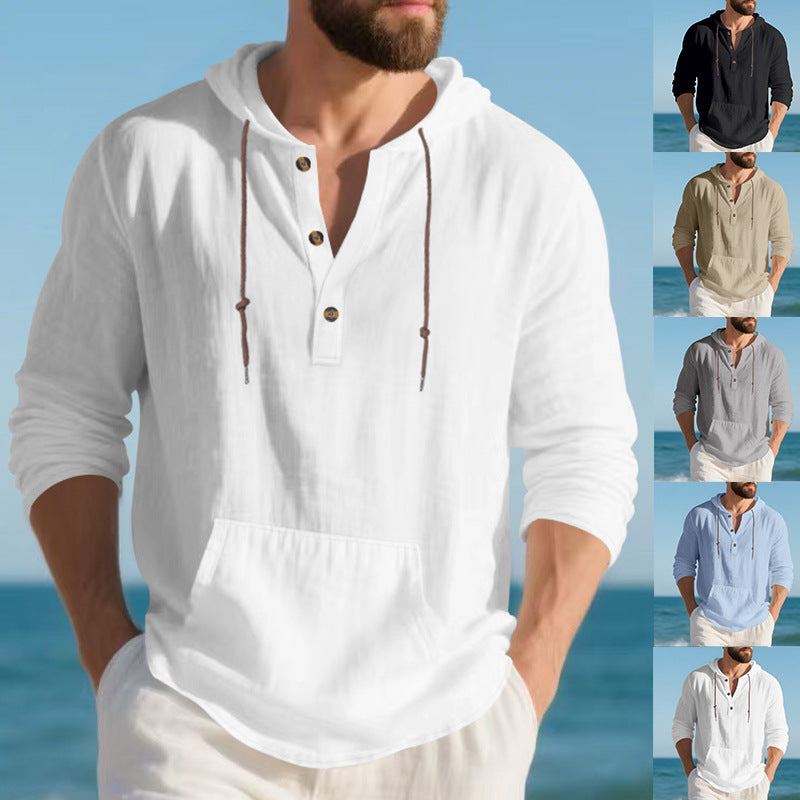 Herren nan leichtes Leinen-Henley-Kapuzenoberteil mit Kängurutasche und lässigem Relax-Fit Drune