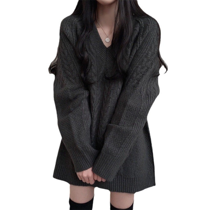 Damen Großer Strickpullover mit Zopfmuster und V-Ausschnitt Drune