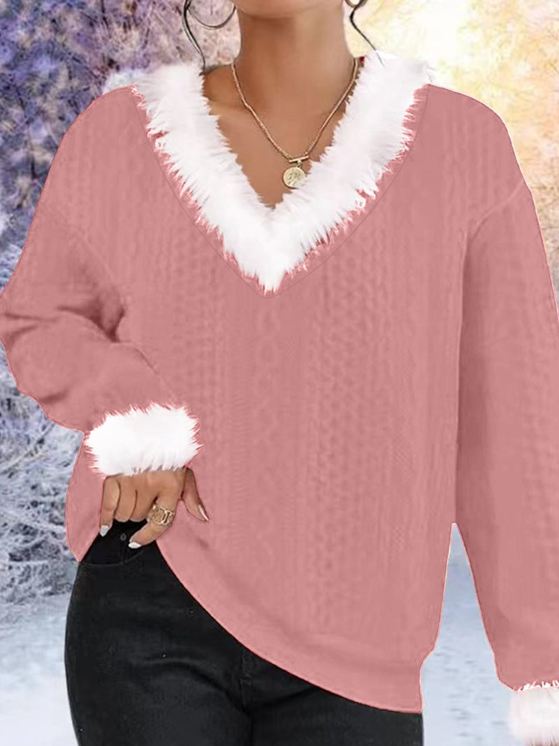 Damen Strickpullover mit V-Ausschnitt und kontrastierendem Pelzbesatz Drune