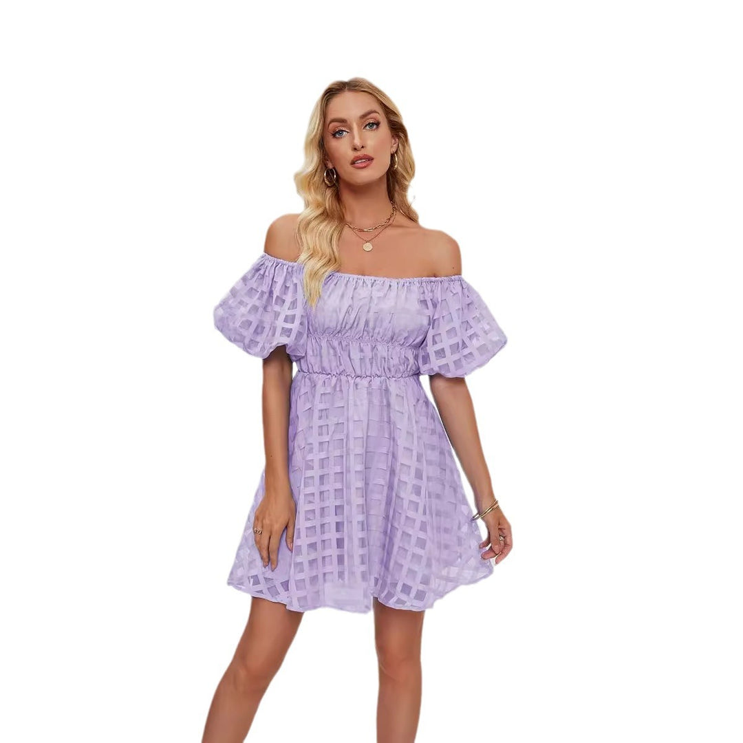 Damen Freizeitkleid im modernen Karomuster mit Puffärmeln und elastischer Taille Drune