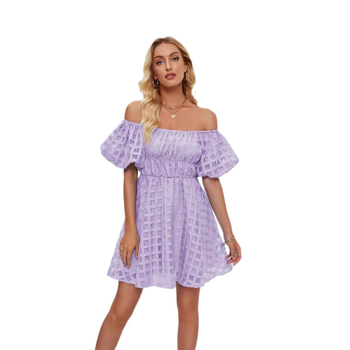 Damen Freizeitkleid im modernen Karomuster mit Puffärmeln und elastischer Taille Drune